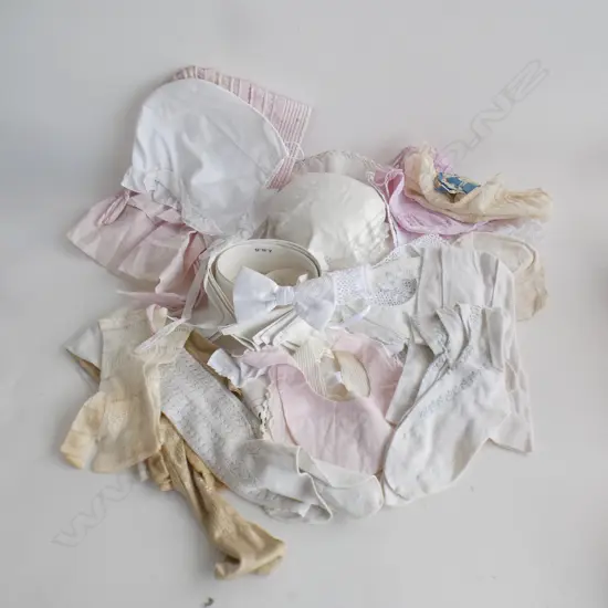 Collection of children's bonnets, socks, stiff collars etc